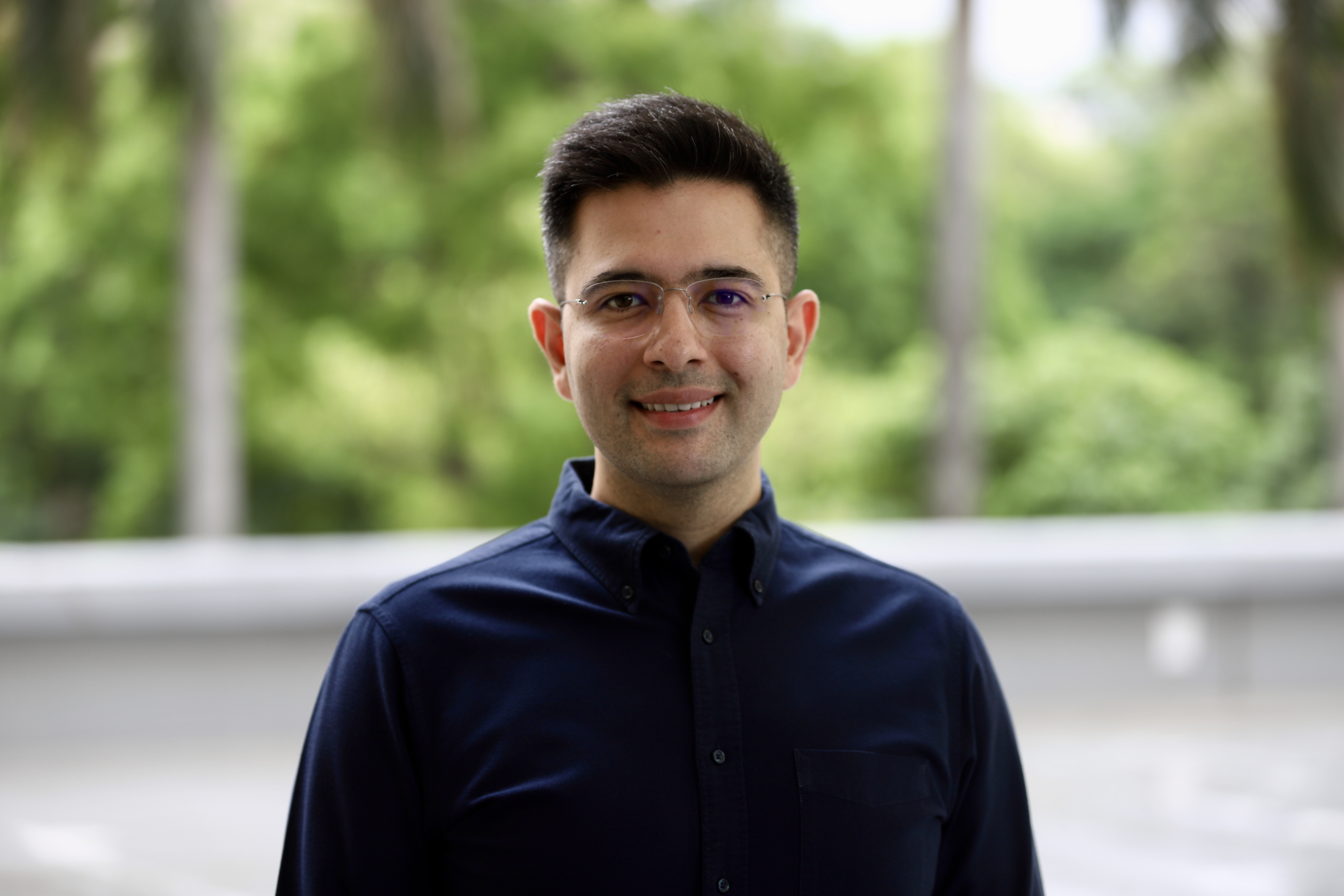 Raghav Chadha in dark blue formal shirt outdoors