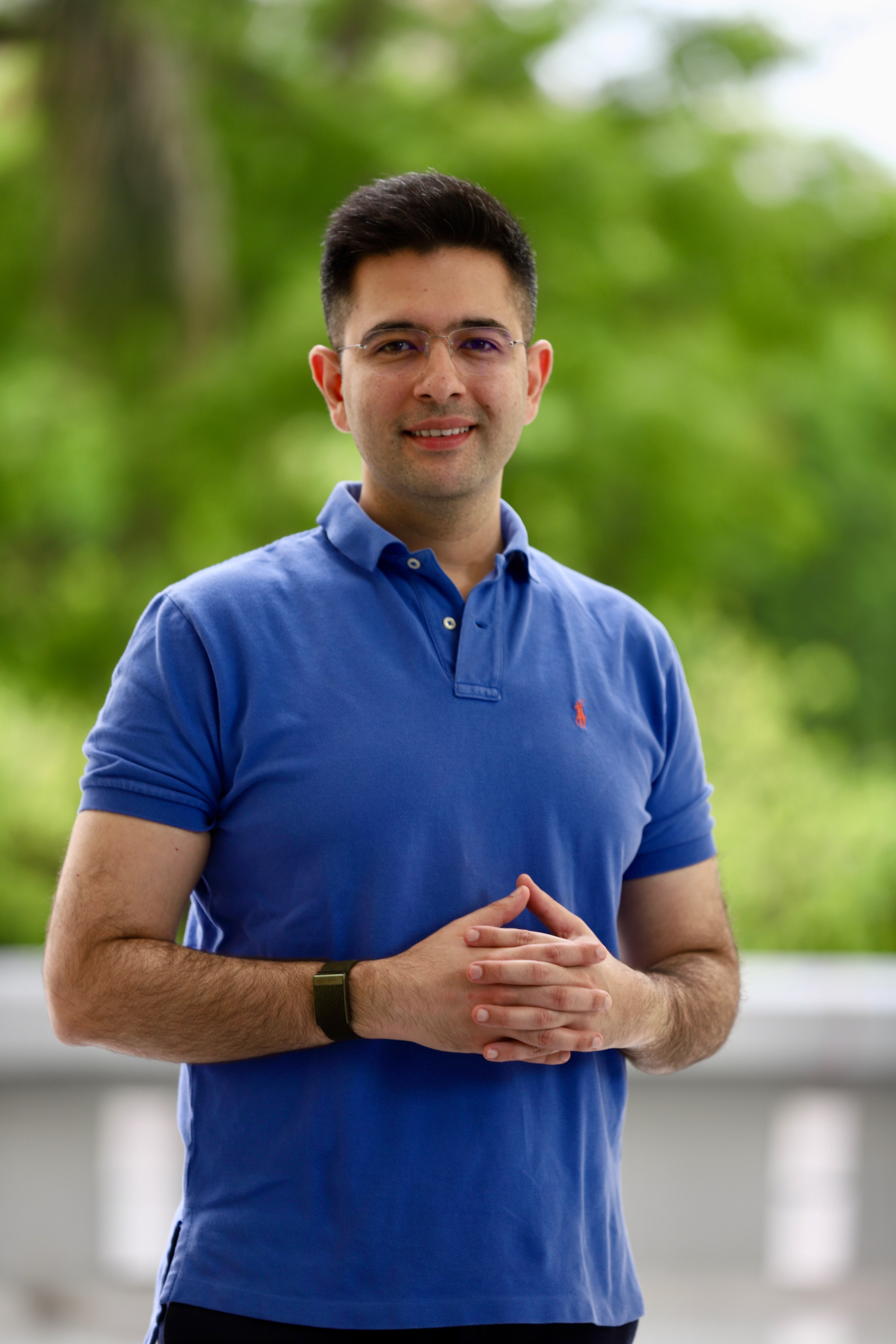 Raghav Chadha in blue polo shirt outdoors